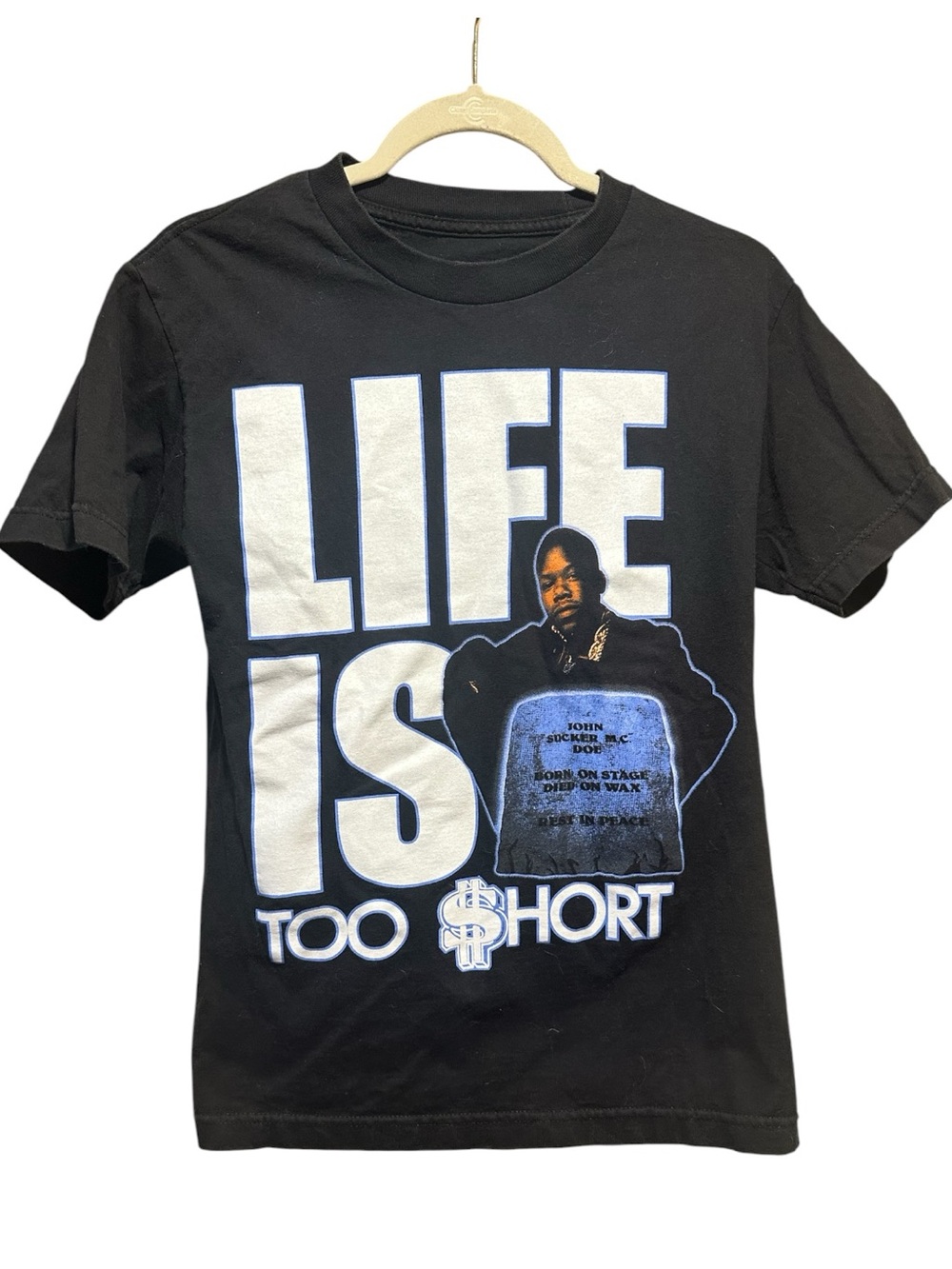 Control Life Is Too $hort Graphic Band Tee - Black with White & Blue Print